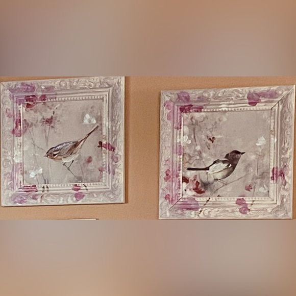 NWT Two 9x9” Delightful Framed Bird Wall Art Paints- Mauve Pinks & Bright White - Picture 16 of 16